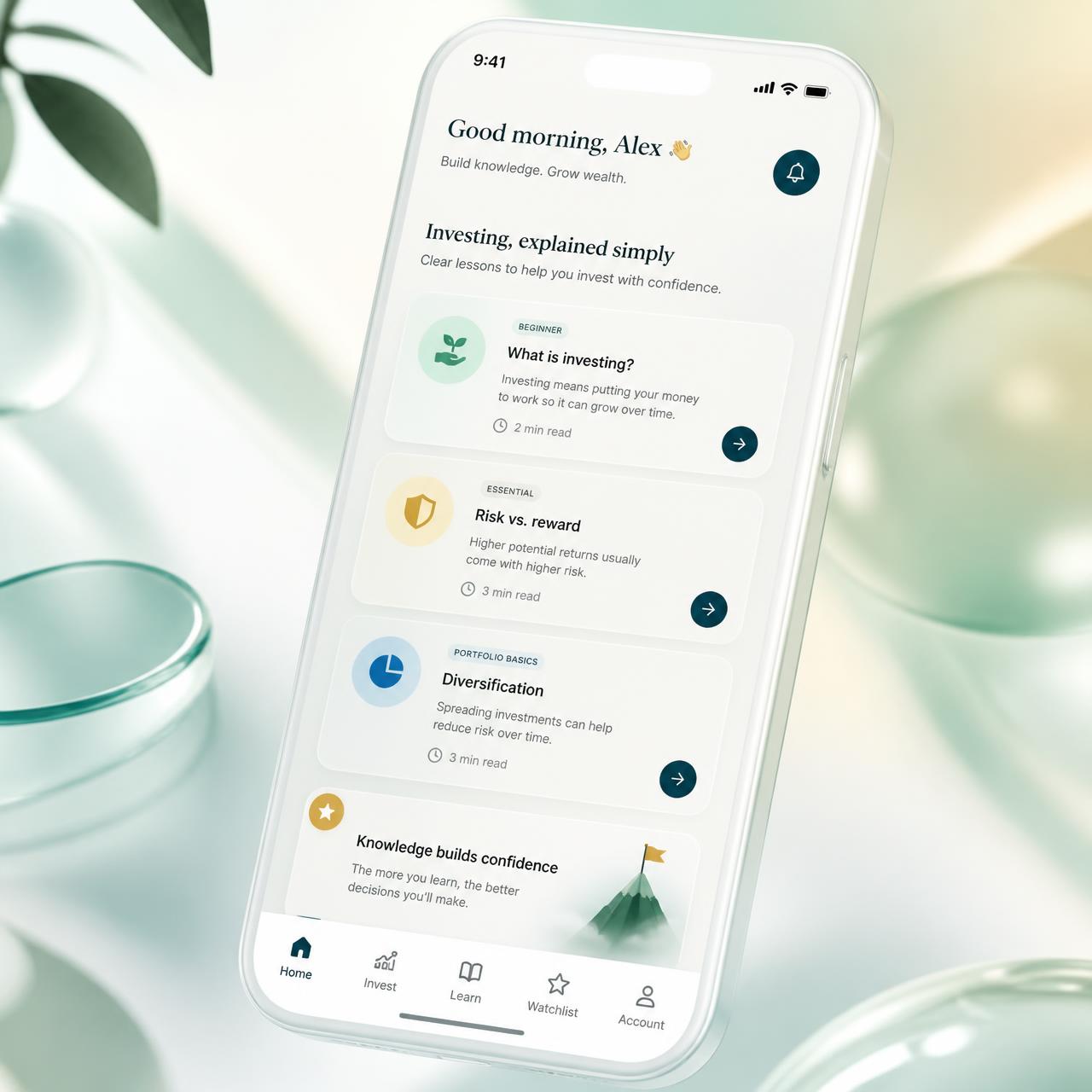 The Sift app showing plain-English cards about investing basics